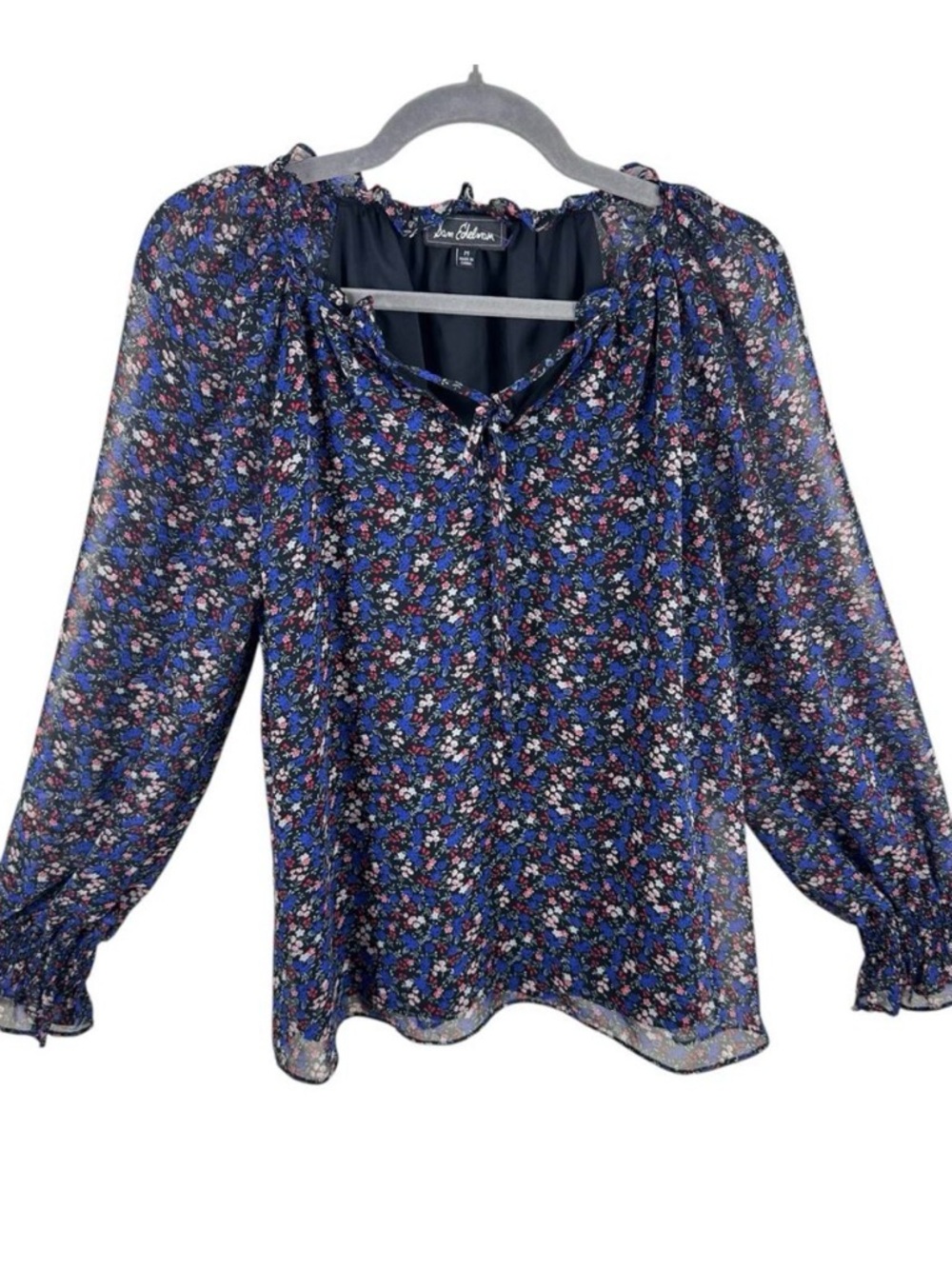 Sam Edelman Tie Neck Woven Lined Blue Floral Ruffled Long Sleeve Blouse Size M